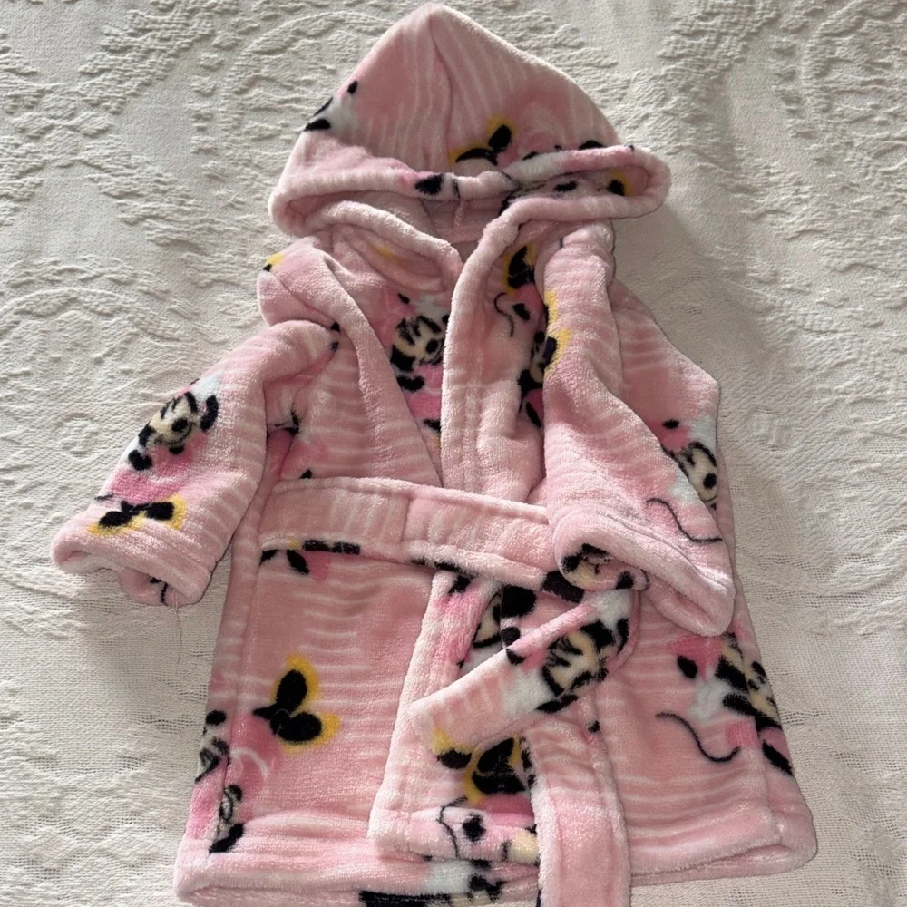 Disney Baby Pink Hooded Robe with Minnie Print Gently Loved 0-12m